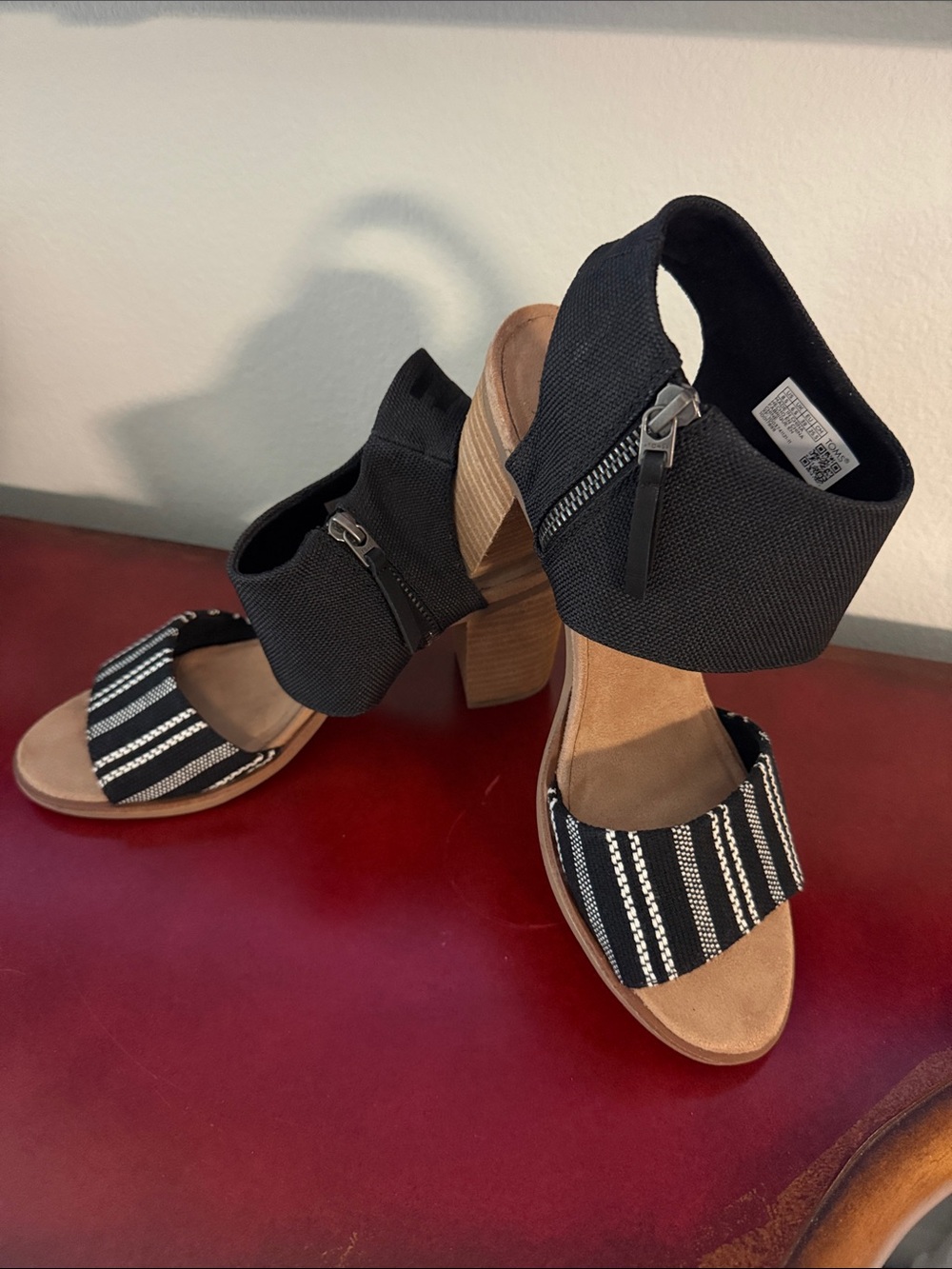 Toms Black Strappy Block Heel Sandals with Striped Toe Band